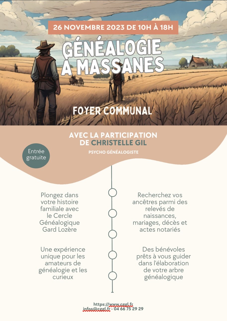 Affiche de la journée portes ouvertes de génealogie à Massanes